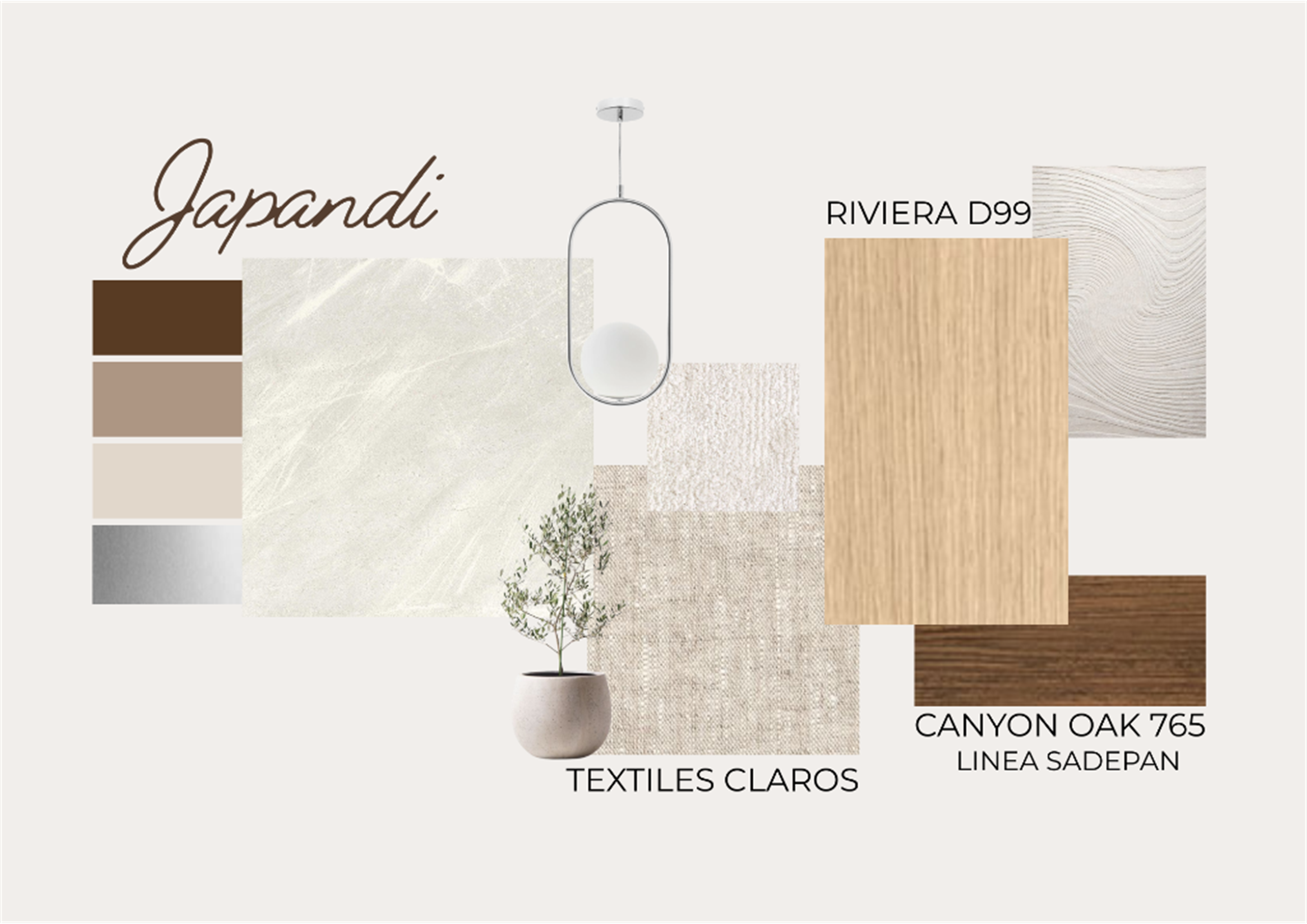 Proceso de diseño - Moodboard de materiales y selección cromática Japandi de Aura