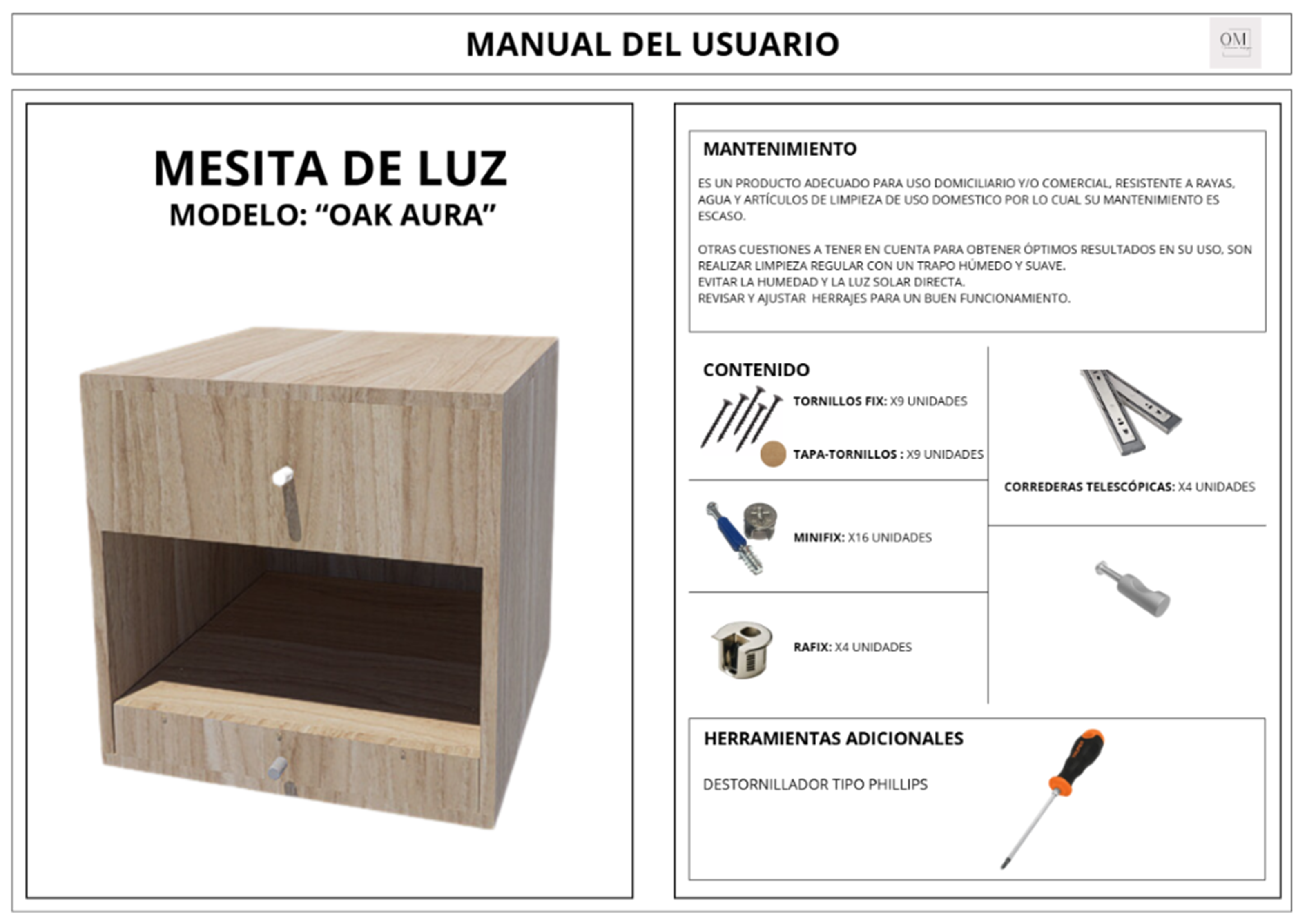 Proceso de diseño - Ficha técnica y manual de ensamblaje de la mesita Oak Aura