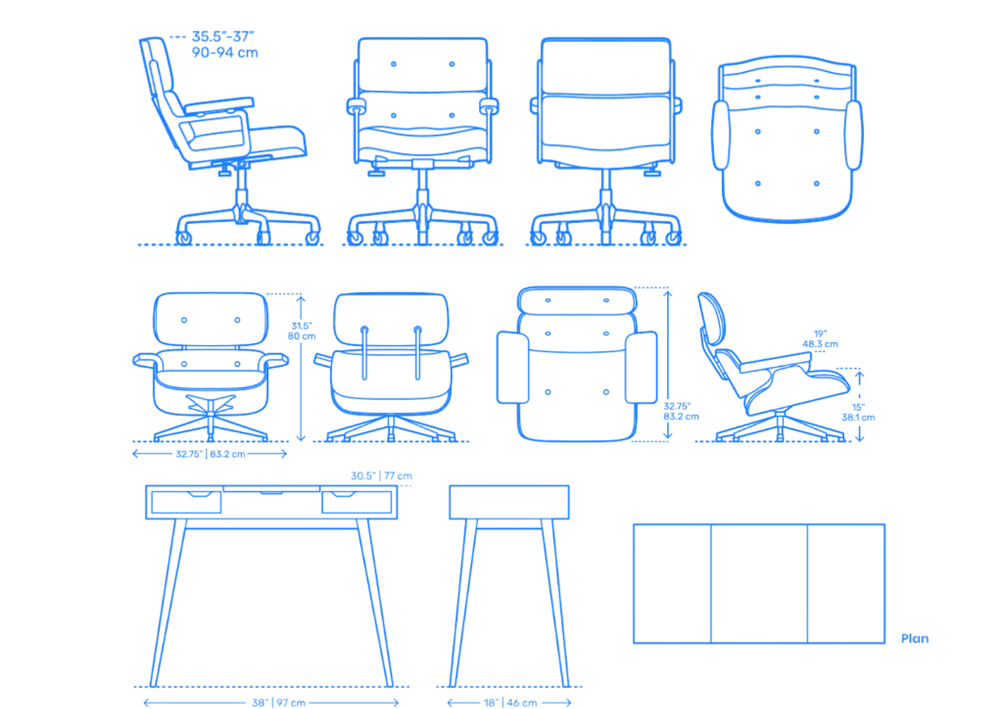 Proceso de diseño - Planos técnicos y alzados en azul vectorial de la silla Eames y escritorio